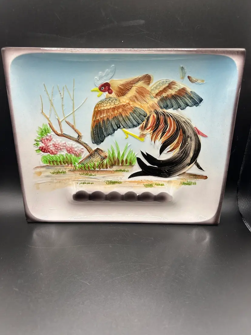 Vintage Colorful Rooster Chicken Ashtray Decorative Plate