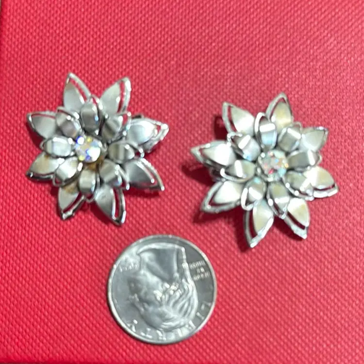 Vintage Coro Clip On Earring Silver Tone Layered Flower MCM