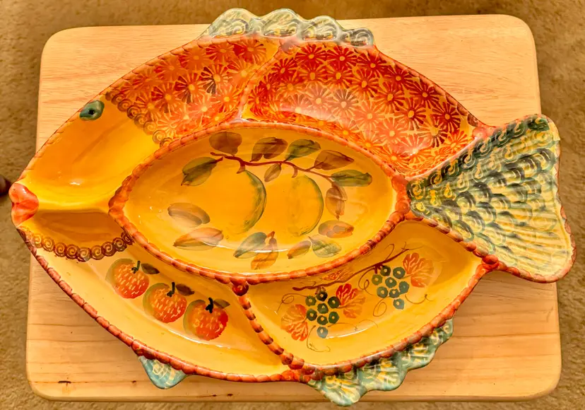 Vintage Italian Ceramic Fish Serving Platter, Colorful Hand Painted Design With Fruit Motifs, Unique Kitchen Decor, By Italica Ars, Made in Italy