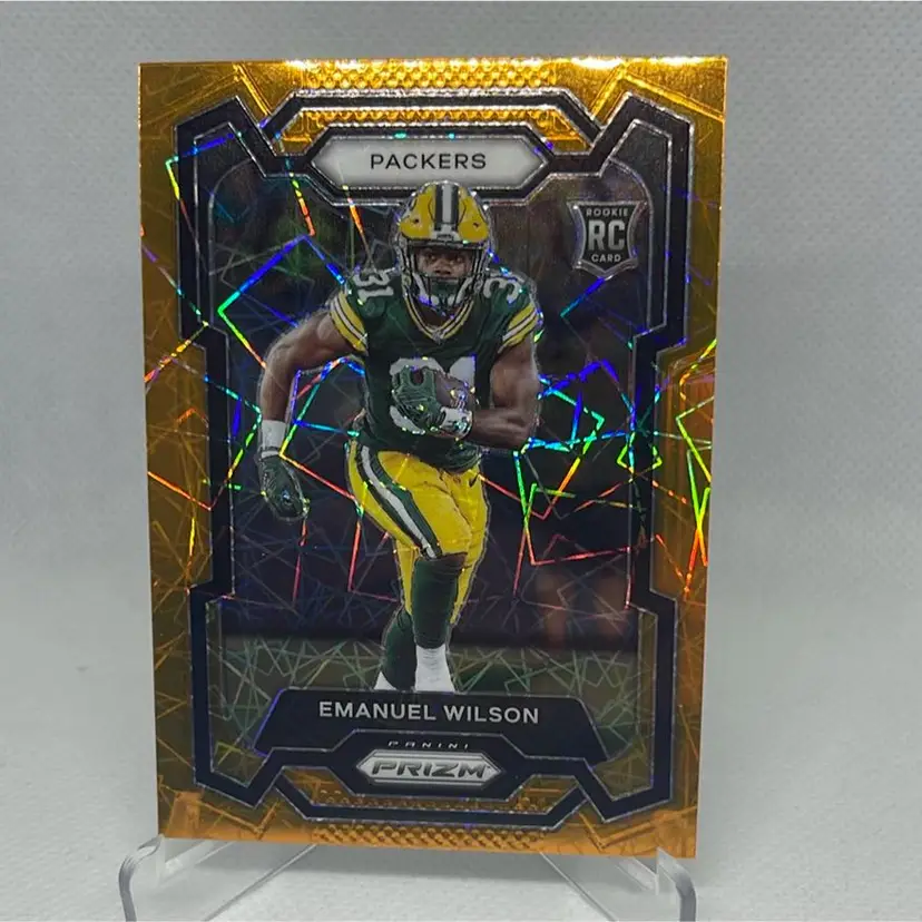 2023 Panini Prizm Football Emanuel Wilson Orange Laser Prizm Rookie Card Green Bay Packers