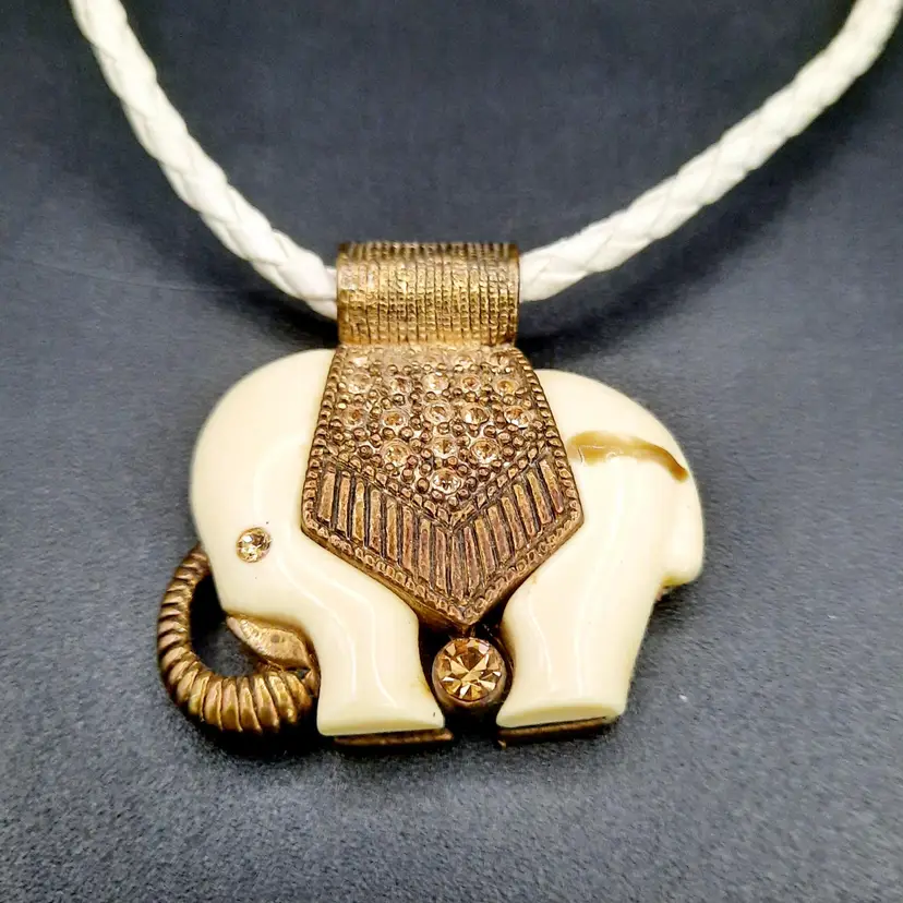 Elephant Pendant Rope Necklace Lucky Trunk Up Cream Bronze Crystals