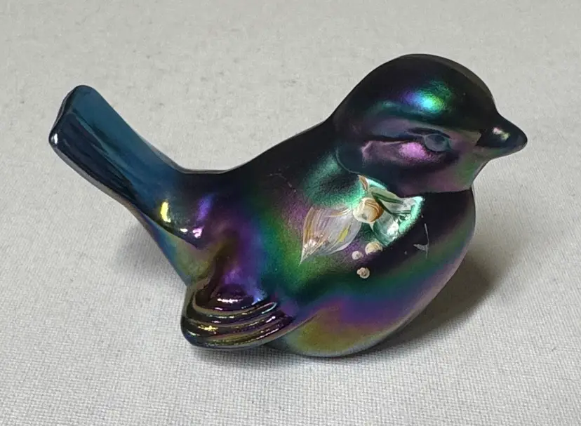 FENTON BLUE/ Purple IRIDESCENT Glass FLOWERED BIRD SIGNED