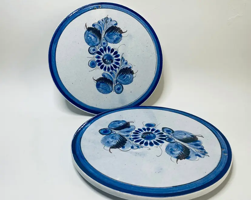 Set of 2 Vintage Signed Tonala Mexican Pottery Blue Trivets