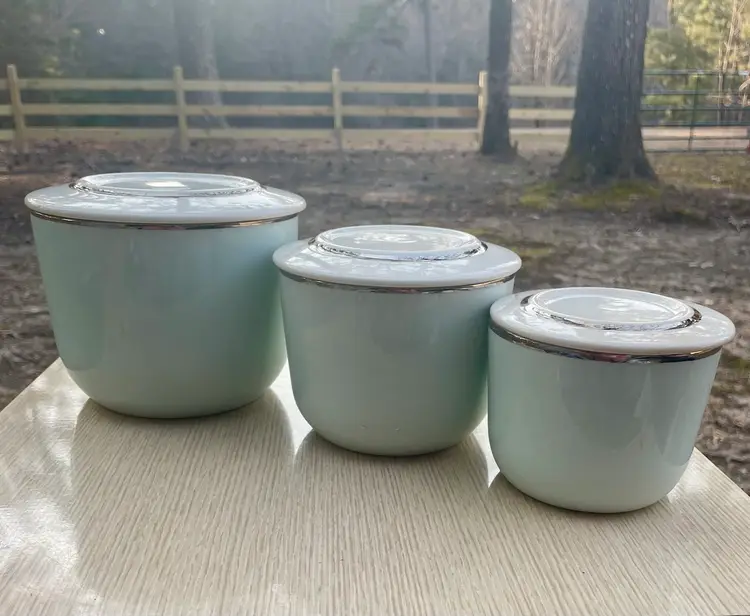 Universal Pottery Ballerina Platinum Rim Mist Refrigerator Dish Set of 3-Vintage