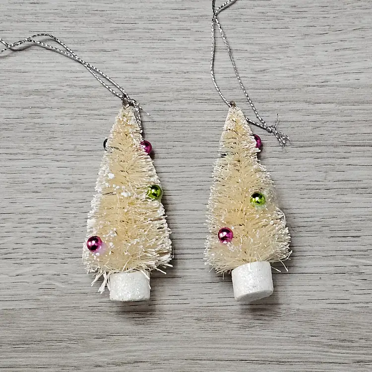 Lot 2 Bottle Brush Christmas Tree Ornament White Bead Decorated Miniature