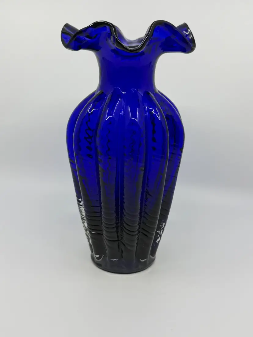 Vintage Studio Art Glass Cobalt Blue Vase Swirl Ruffled Edge 10.5" Vintage Heavy