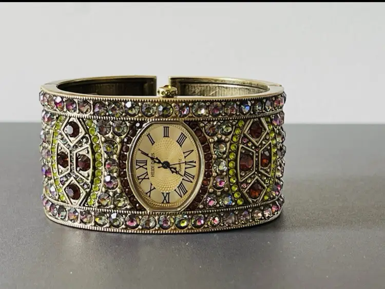 Heidi Daus Vintage Gold Cuff Watch With Multicolor Rhinestones