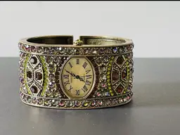 Heidi Daus Vintage Gold Cuff Watch With Multicolor Rhinestones