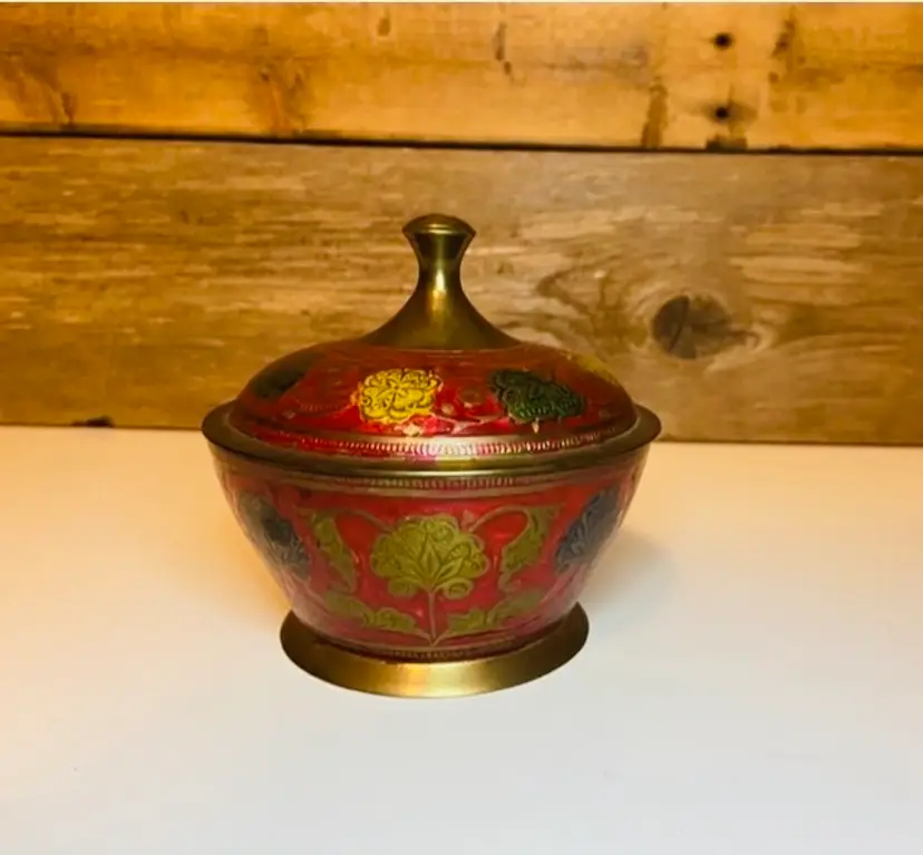 Vintage Brass Lidded Bowl with Etched and Enamel Painted Florals Boho Middle Eastern Inspired Traditional