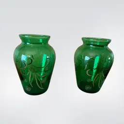 VTG 2 Anchor Hocking Forest Green glass bud vases with a gold filigree leaf and scroll design.