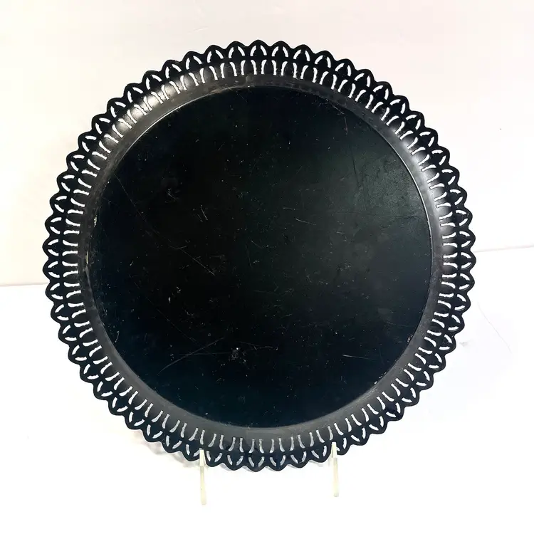 Vintage 12" Round Hand Painted Black Metal Decorative Pan. Signed "bh 81"
