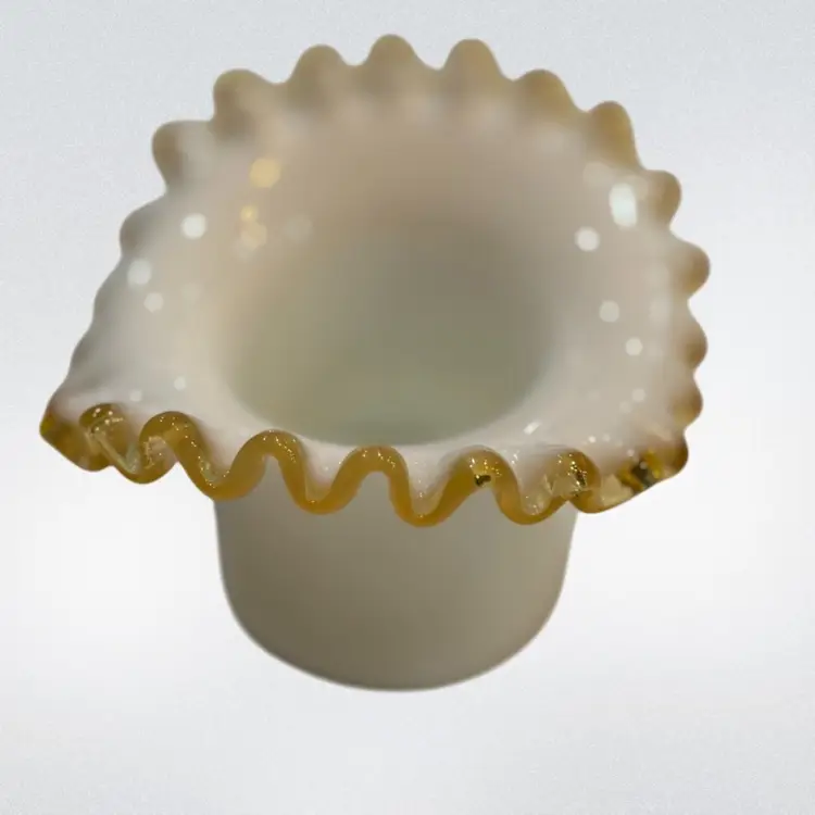 Fenton Amber Gold Crest Milk Glass Hat Shaped Ruffled Vase