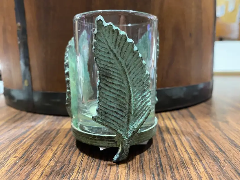 Patina Brass Feather Candle Holder With Glass