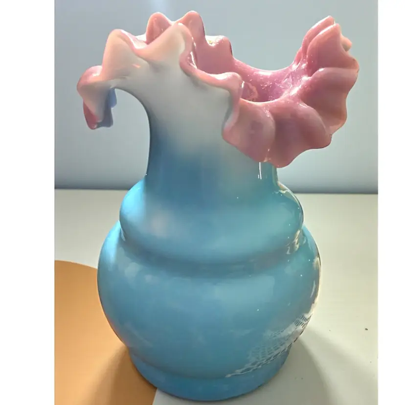 Antique Bohemian Turquoise Lilac Cased Ruffled Hand Blown Milk Glass Vase 5.25” x 3.75”
