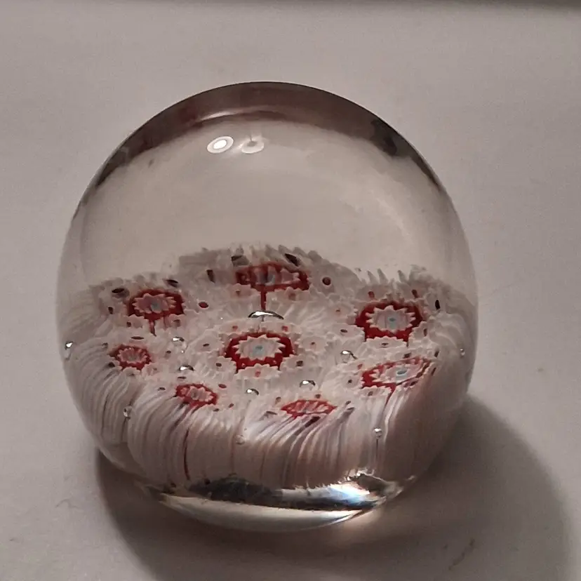 Vintage Small Murano Italy Glass Domed Red, White, Blue Millefiori Paperweight