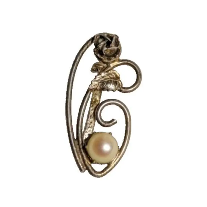 Vintage Sterling Silver Rose and leaf Faux Pearl Brooch Pin Art Nouveau Flower