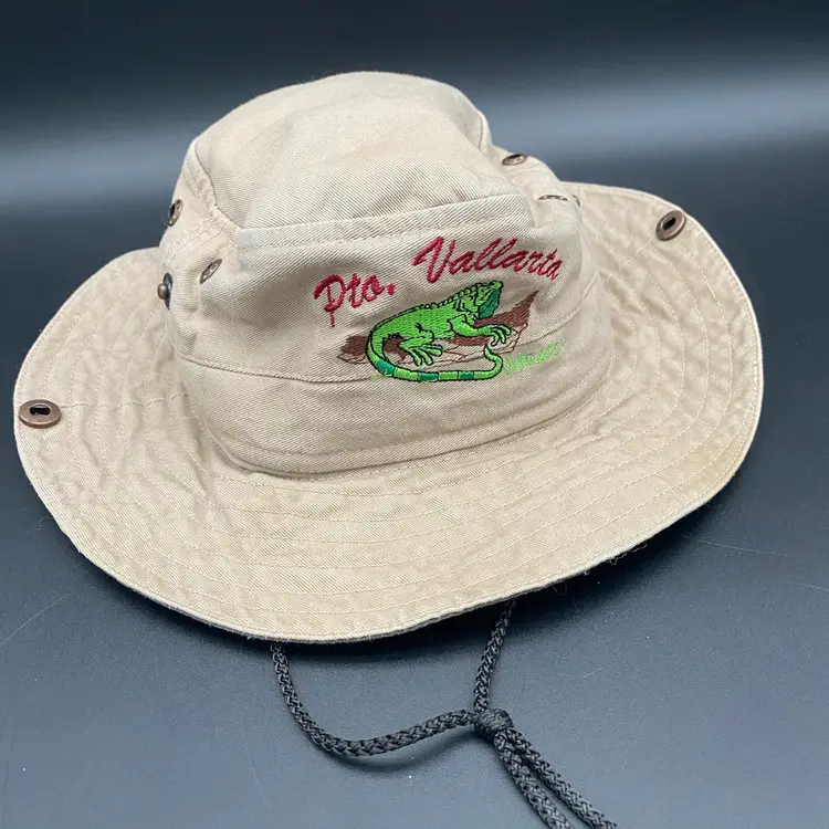 Vintage Pto. Vallarta Mexico Adult Size Medium Tan Bucket Hat - Iguana