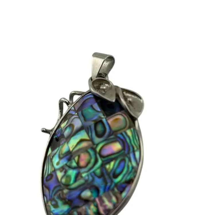Silver Tone Abalone Shell Pendent With Calla Lilys And Swirl