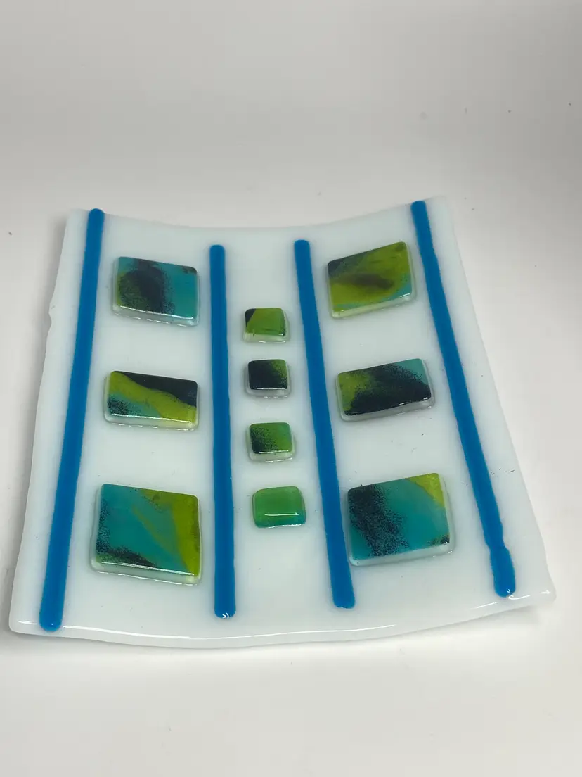 Handcrafted Fused Art Glass w/ White Base, Blue Lines & Geometric Design, 5" x 6.25"