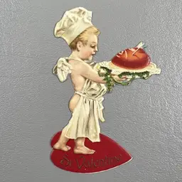 Vintage Die Cut Valentine Greeting Card St Valentine Cupid Serving Heart Embossed 3.75"