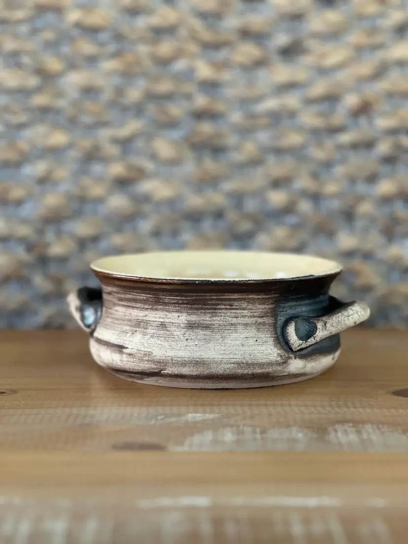 Art Pottery Two Handled Bowl Faux Wood Grain Pattern Stamped On Bottom 7.5” Wide