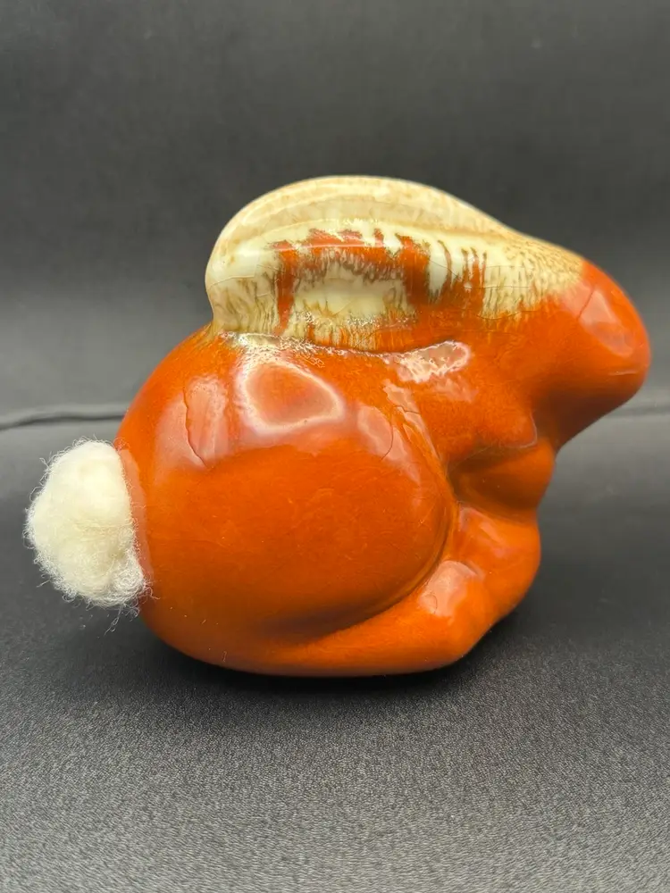 Ceramic Bunny Rabbit Cotton Ball Dispenser Vintage Retro 70s Vanity Orange