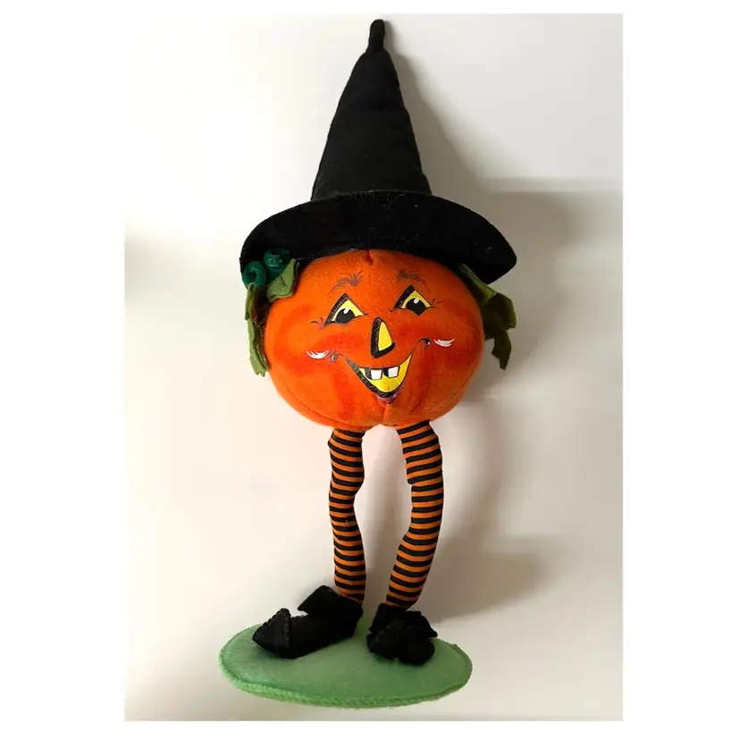Annalee Orange Pumpkin Black Witch Hat Halloween Decorative Figurine 15 in Height 2006