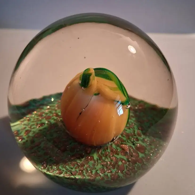 #Vintage KB Murano, Lemon?/Orange?, Copper Aventurine Paperweight-Orig. Label!