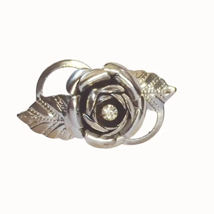 Vintage Hollywood Regency Style Silver Rose Brooch With Rhinestone Center