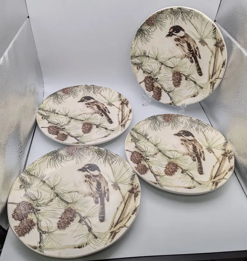 Pottery Barn Snow Bird 8" Salad Dessert Lunch Plates Set of 4 Chickadee Pinecone