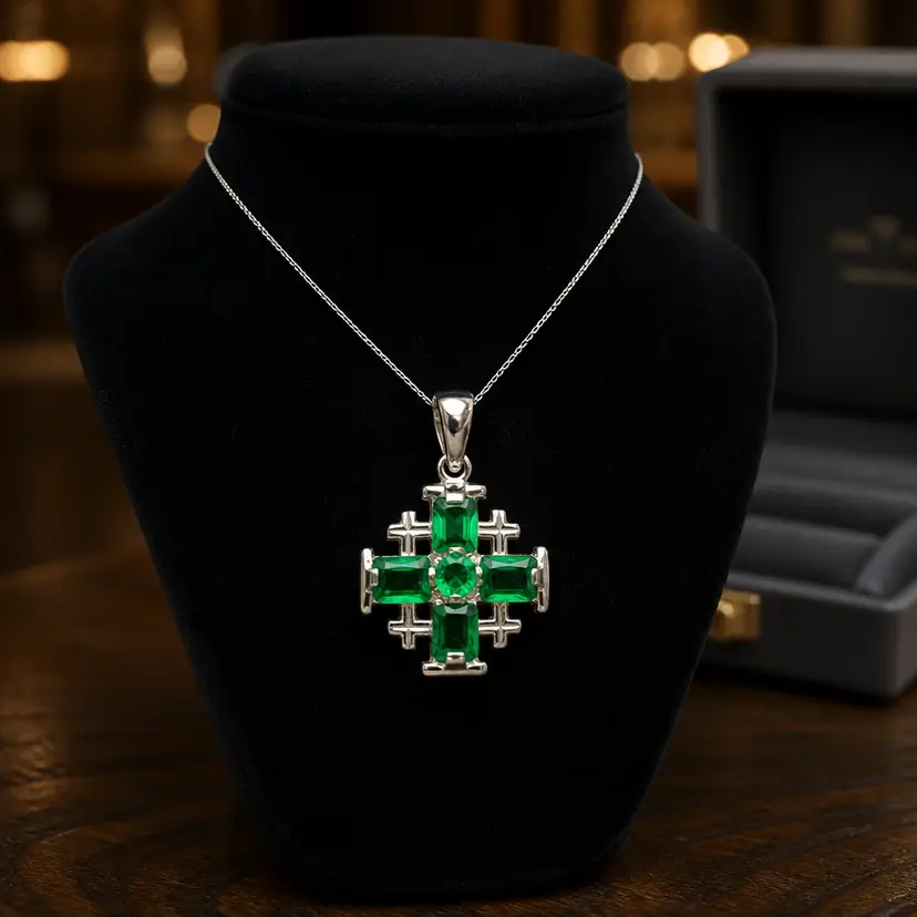 Sterling Silver Jerusalem Cross With Green Cubic Ziconia Stones, 1.25"