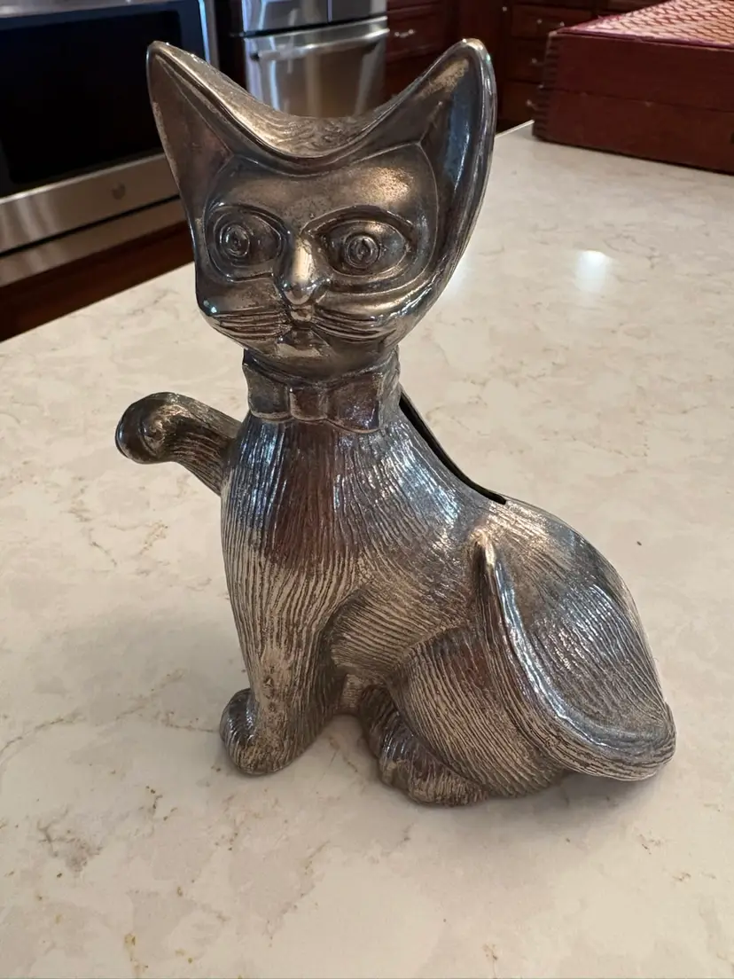 Vintage Godinger Silver Steel Cat Piggy Bank - Made in Hong Kong