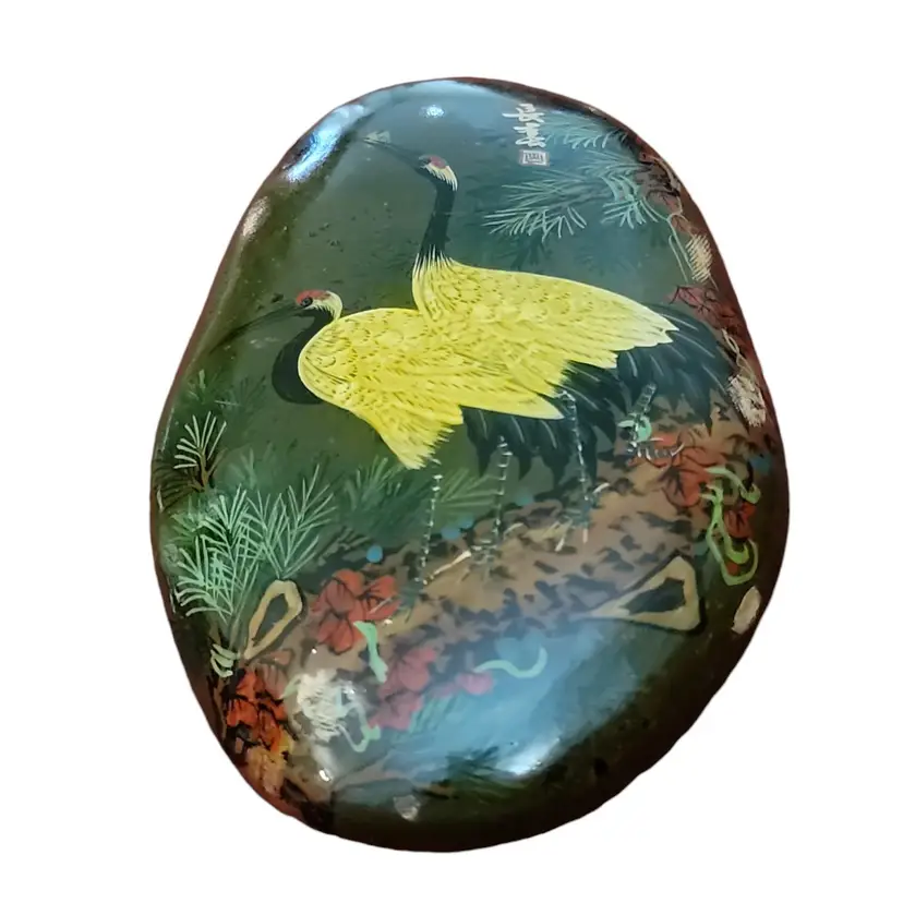 Vintage Black Heavy Stone Paperweight Lacquered Red Crested Cranes Chinese
