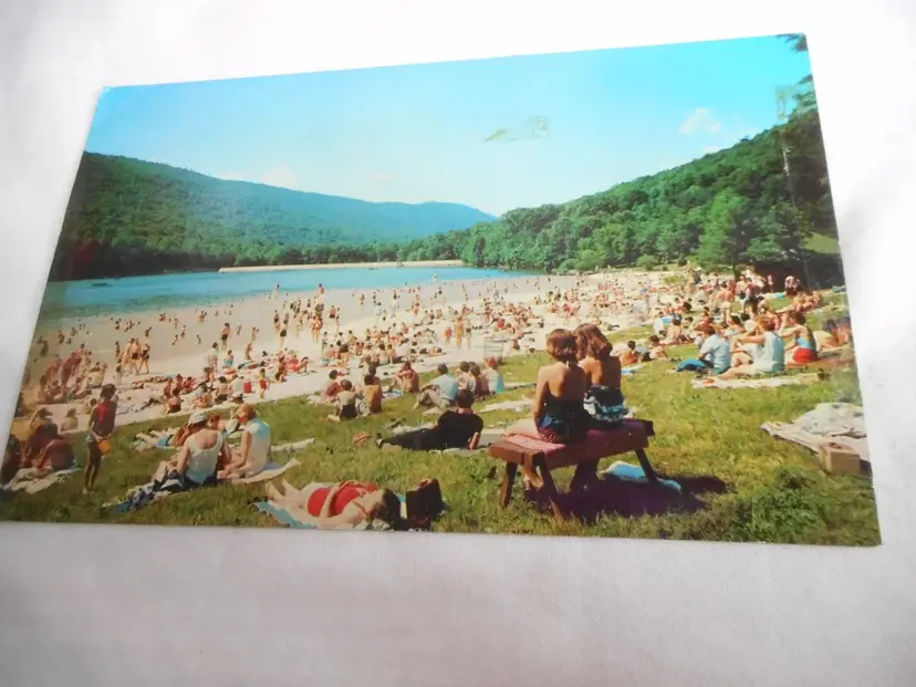 Vtg Postcard unposted Cowens Gap State Park Fulton Co PA 1960s beach swimmers