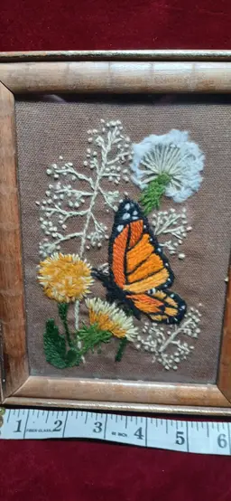Vintage 1970s Butterfly Crewel Wall Hanging