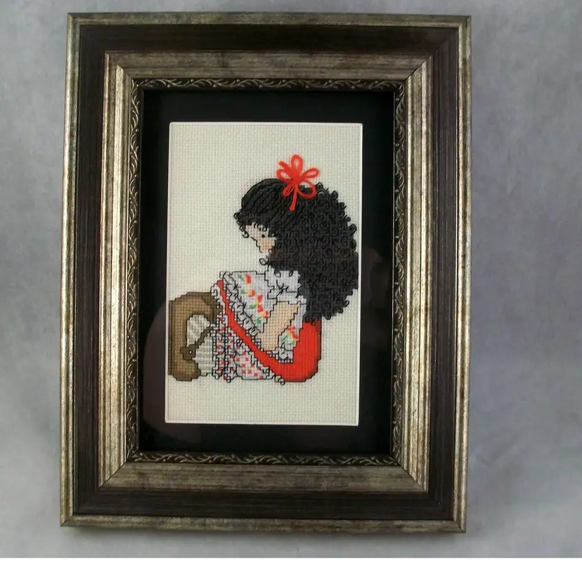Dale Burdett Finished Cross Stitch Dark Haired Doll Framed Art Work Table-Wall  Decor 7" x 9"