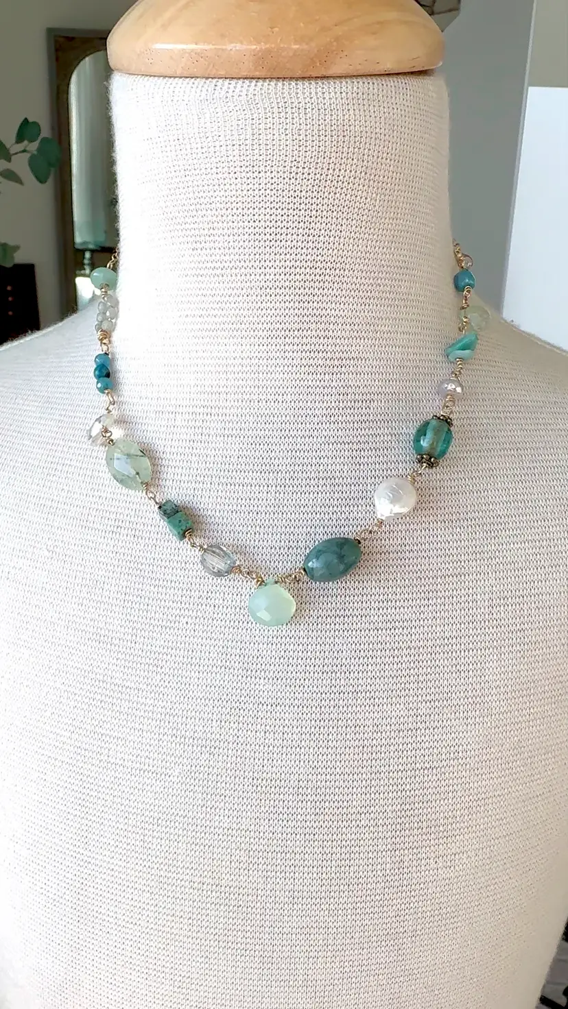 #24 Summer Beach Colors Blues Greens Aqua And White Necklace Many Shapes Adorn Gold Filled Chain Of Multi Gemstones Roman Glass Green Chalcedony  Pearl Turquoise And Crystals 17"