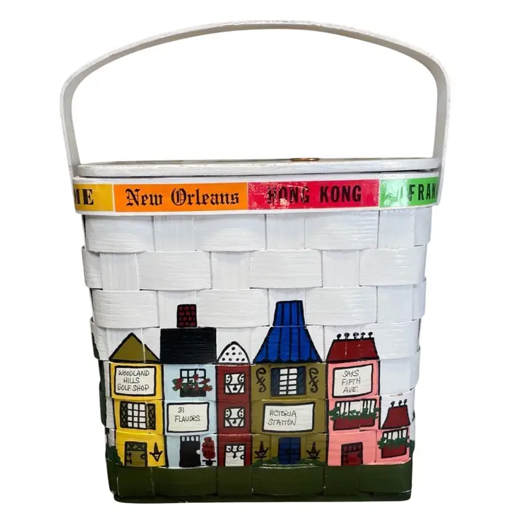 Caro-Nan White Painted Basket Woven Purse Red Fabric Lined Vintage 1970s 9x9.25x5.75"