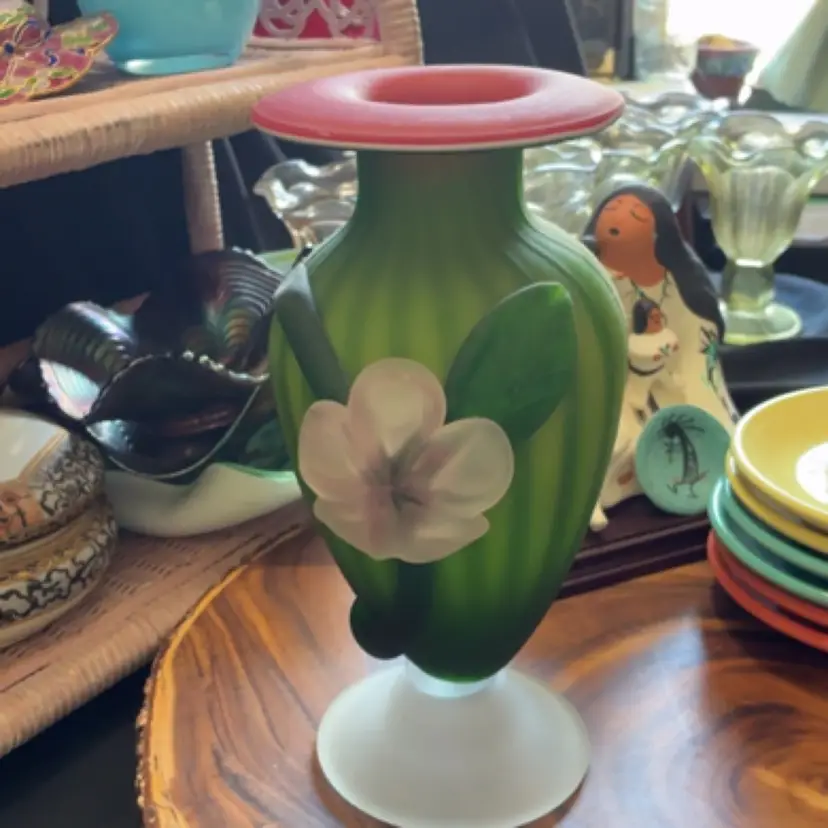 Green And Red Satin Glass Vase 9.25” watermelon ribbed