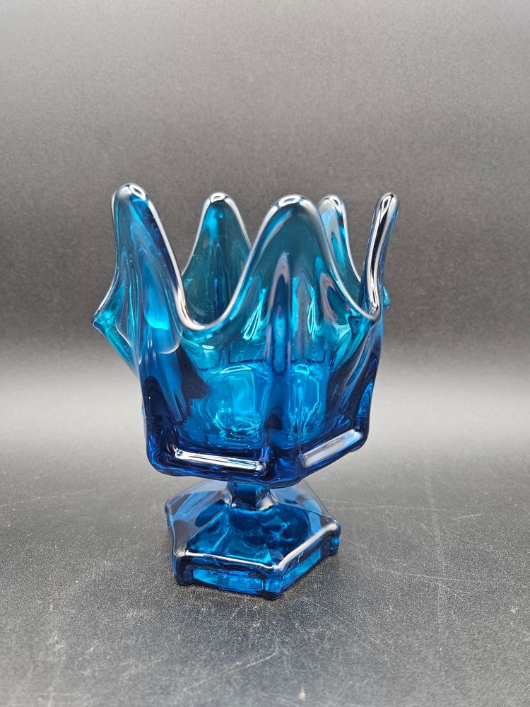 Vintage Viking Bluenique Swung Glass Handkerchief Column Vase Mcm Retro 5.5"