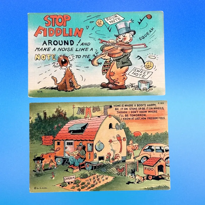 Lot/2 Vintage Humor Comic Linen Postcards, Unused