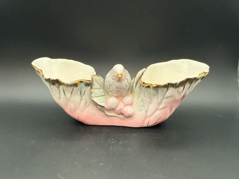Vintage Ucagco Light Pink Planter Applied Flowers & Bird Gold Trim Japan