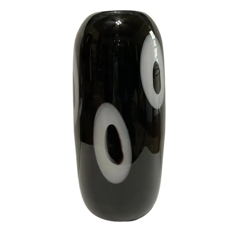 Murano Art Glass Black Cased Glass Vase Hand Blown White Circles Polished 13" H