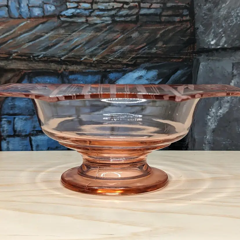 Pink Depression Elegant Glass Etched 10" Footed Bowl 40s Flowers Stripes Octagon Rolled Edge Compote Pastel Valentines Day
