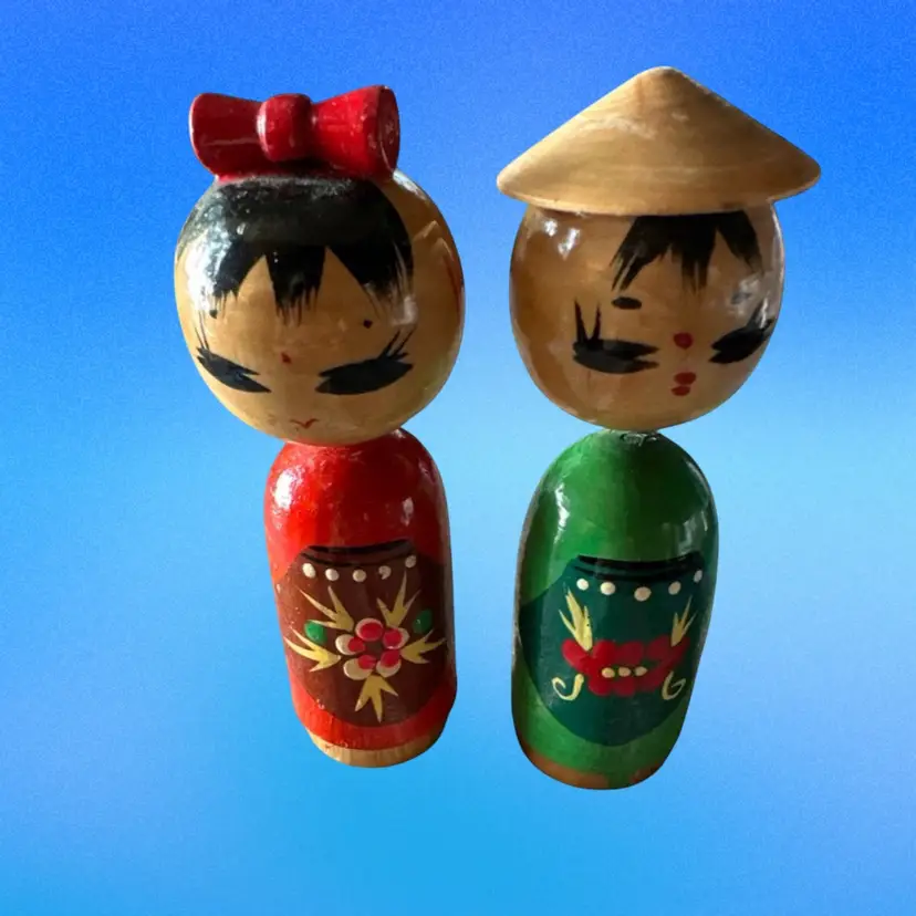 Kokeshi Couple Man Woman Wood Bobble Head Japanese Nodder Dolls Pair Unsigned