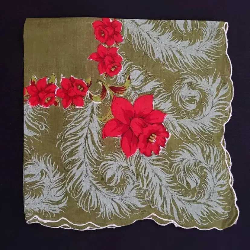 Handkerchief Hankie Floral Red Daffodils on Green folded Creased Square Unbranded Vintage