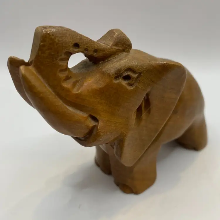 Hand Carved Wooden Elephant Trunk Up for Good Luck