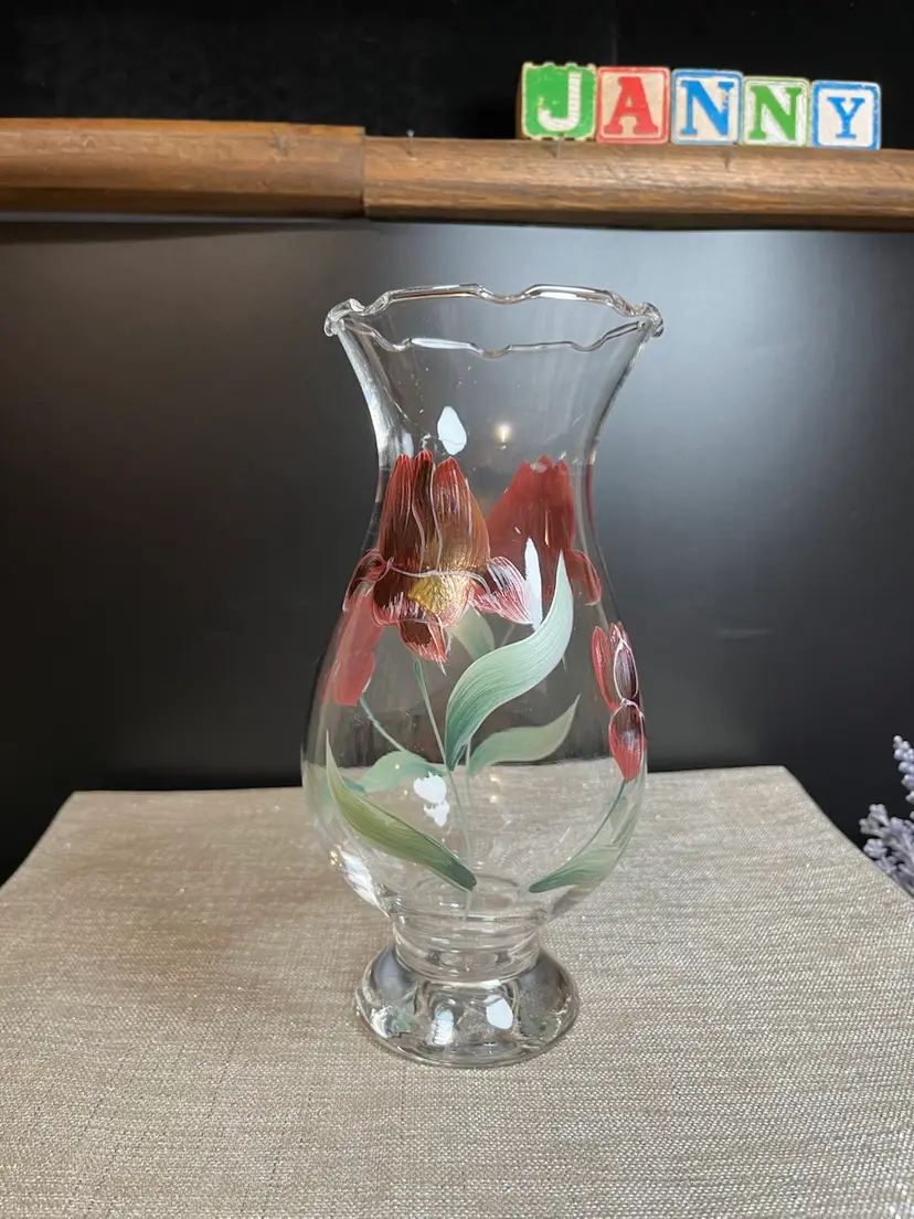 8" High Clear Glass Vase w/ Beautifully Hand Painted Irises