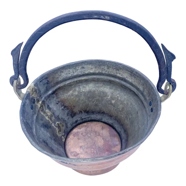 Antique French Copper Bucket Pot Dovetailed Iron Swing Handle Handmade Brass 12”