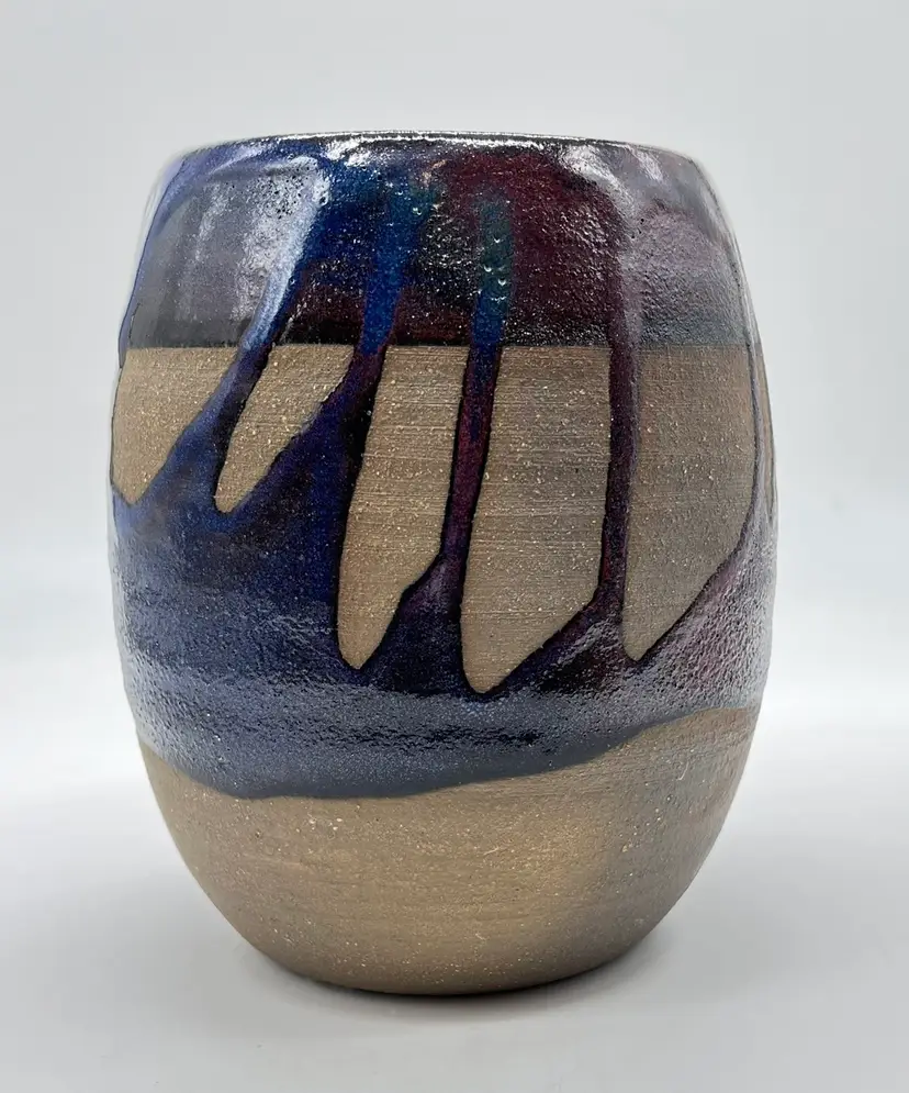 Hand Made Art Studio Signed Vase Rust Blue Drip Glaze